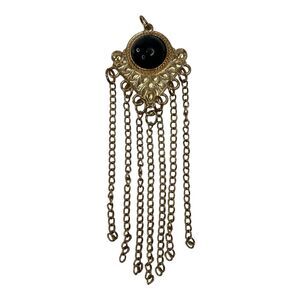 4" Tassel Pendant Gold Tone With Black Cabochon Stone Faux Onyx Dangle Statement